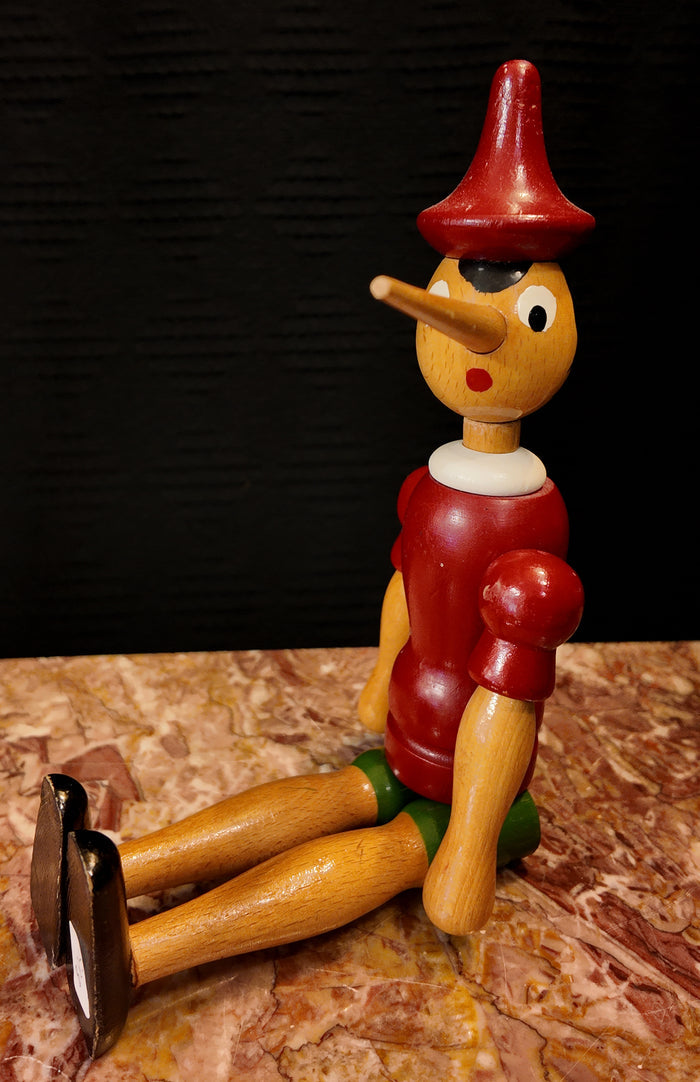 Vintage Italian Wooden Pinocchio Doll – Jointed Articulated Mid-Century Toy Figurine, Made in Italy