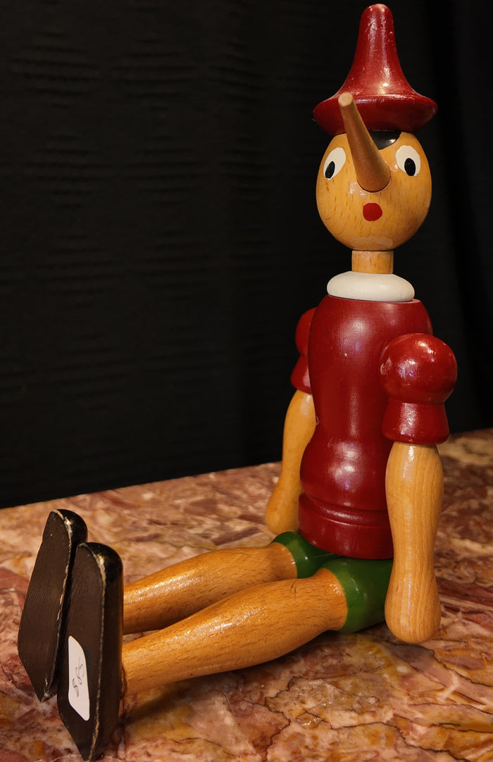 Vintage Italian Wooden Pinocchio Doll – Jointed Articulated Mid-Century Toy Figurine, Made in Italy