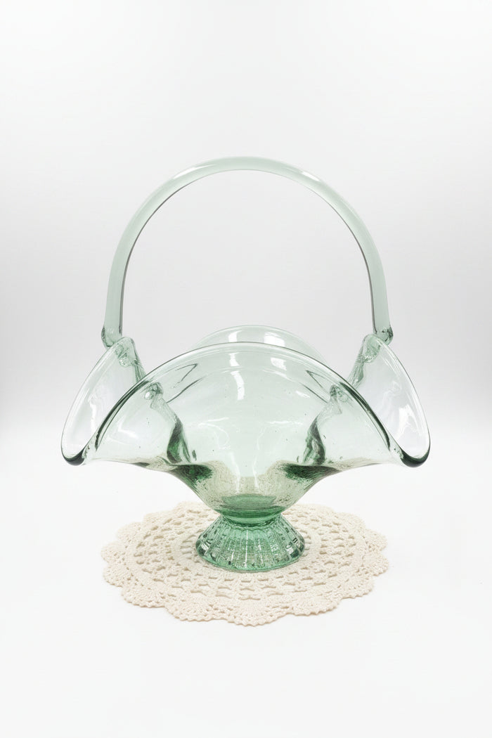 Vintage Light Green Hand-Blown Art Glass Basket Centerpiece