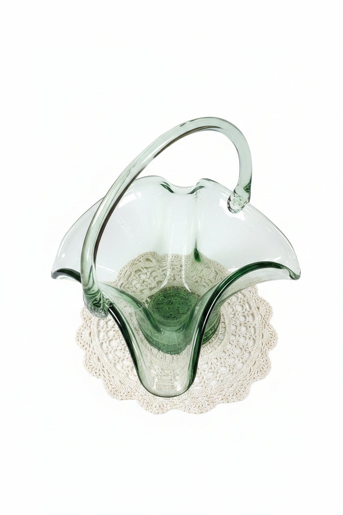 Vintage Light Green Hand-Blown Art Glass Basket Centerpiece