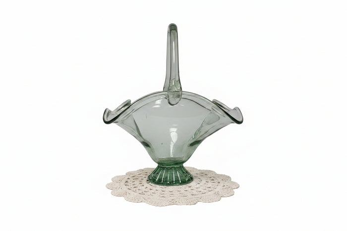 Vintage Light Green Hand-Blown Art Glass Basket Centerpiece