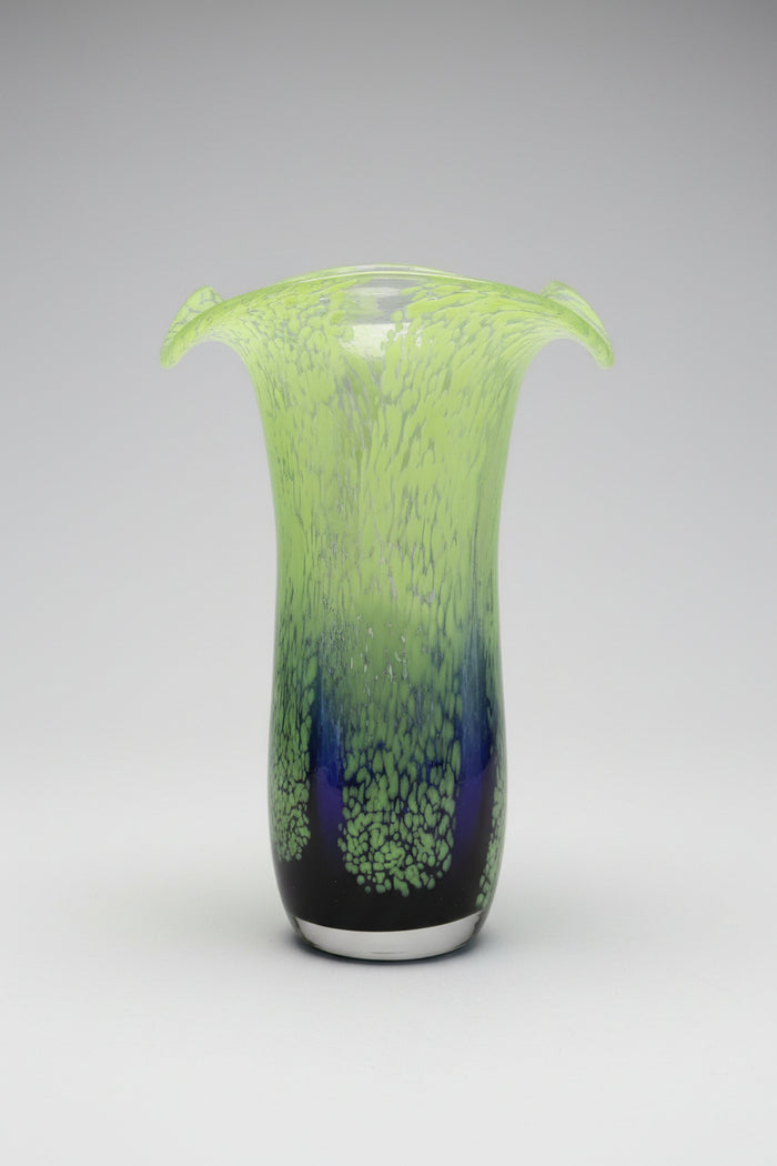 Vintage Teleflora Art Glass Vase Chartreuse Green Purple Speckled Spatter Waterfall 8"