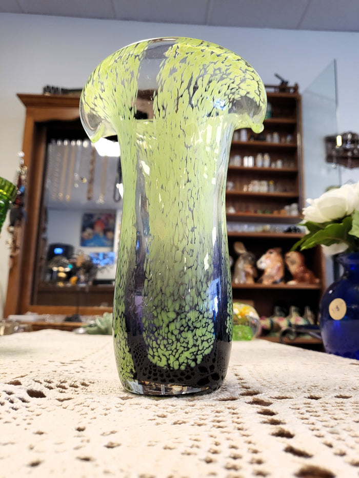Vintage Teleflora Art Glass Vase Chartreuse Green Purple Speckled Spatter Waterfall 8"