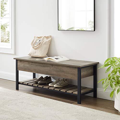 Walker Edison Julian Rustic Farmhouse Lift Top Entry Bench with Bottom Rack, 48 Inch - Grey