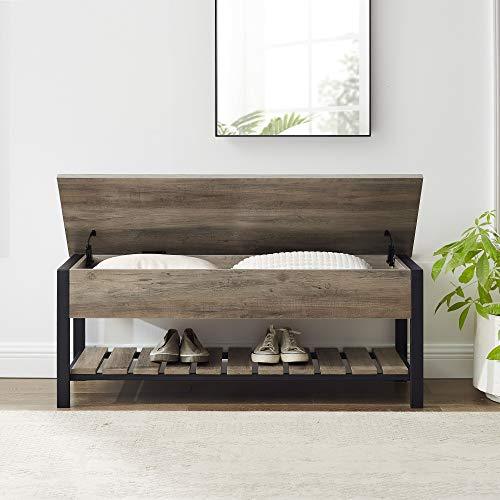 Walker Edison Julian Rustic Farmhouse Lift Top Entry Bench with Bottom Rack, 48 Inch - Grey