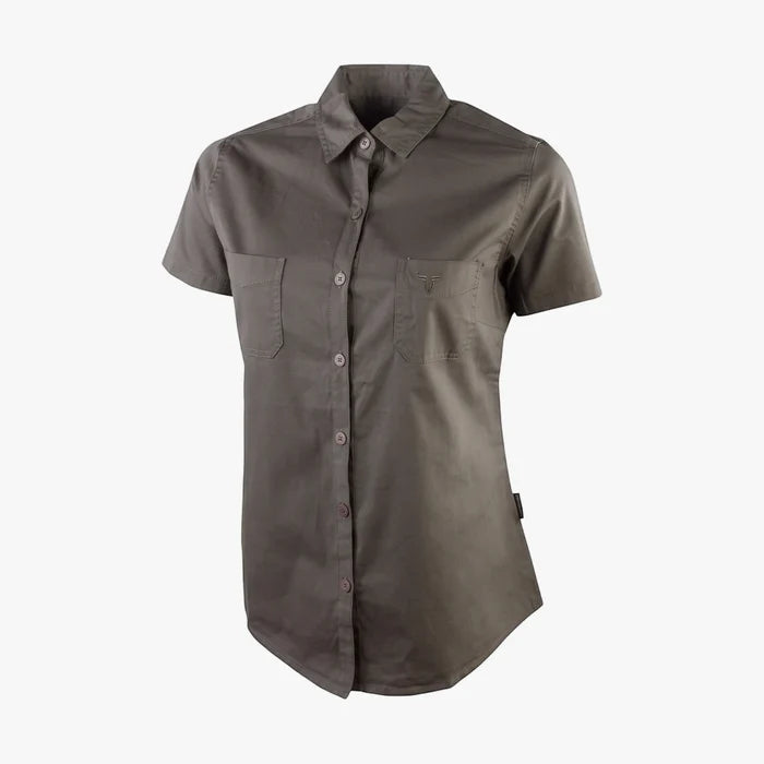 Wildebees Womens Plain Pocket Blouse in olive, short sleeve, button-front with chest pockets and collar, presented on a