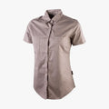 Wildebees Womens Plain Pocket Blouse Stone, a short-sleeve button-up shirt with two chest pockets, displayed on a form.
