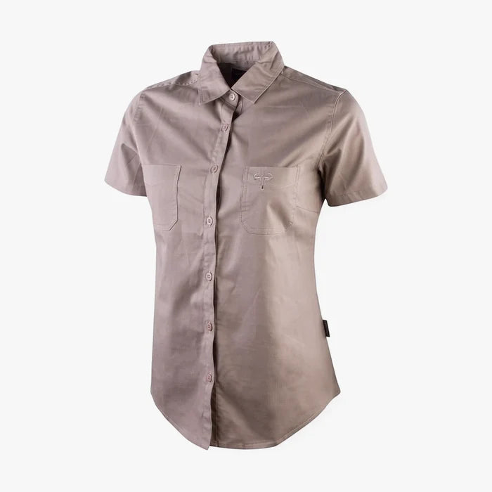 Wildebees Womens Plain Pocket Blouse Stone, a short-sleeve button-up shirt with two chest pockets, displayed on a form.