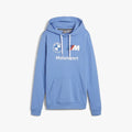 Puma Women's BMW M Motorsport Essential Hoodie in light blue, featuring the BMW and M Motorsport logos, with a front