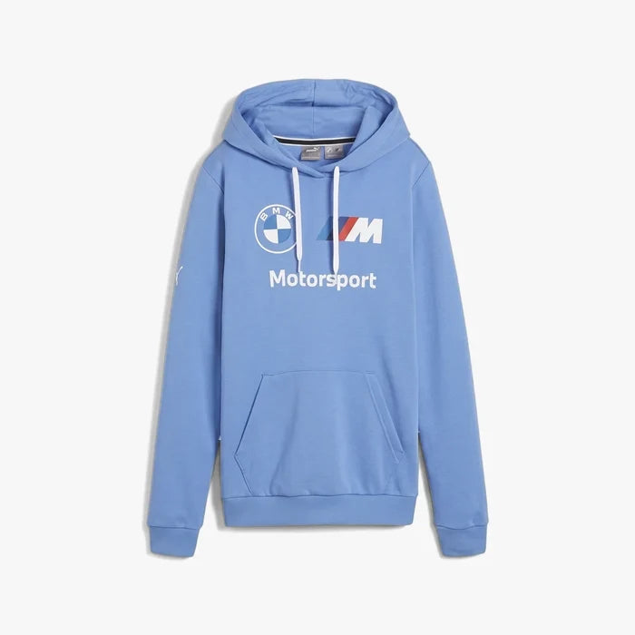 Puma Women's BMW M Motorsport Essential Hoodie in light blue, featuring the BMW and M Motorsport logos, with a front