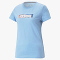 Puma Women's BMW M Motorsport Statement Graphic Short Sleeve Tee in light blue, featuring a bold chest graphic. Front view