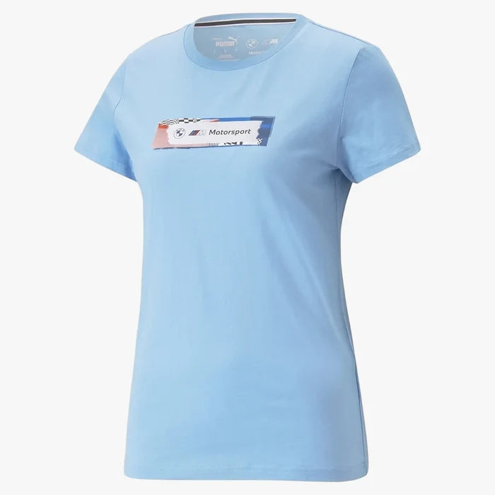Puma Women's BMW M Motorsport Statement Graphic Short Sleeve Tee in light blue, featuring a bold chest graphic. Front view