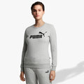 Puma Women's Essential Logo crew neck sweatshirt and matching sweatpants in light gray heather, modeled front view.