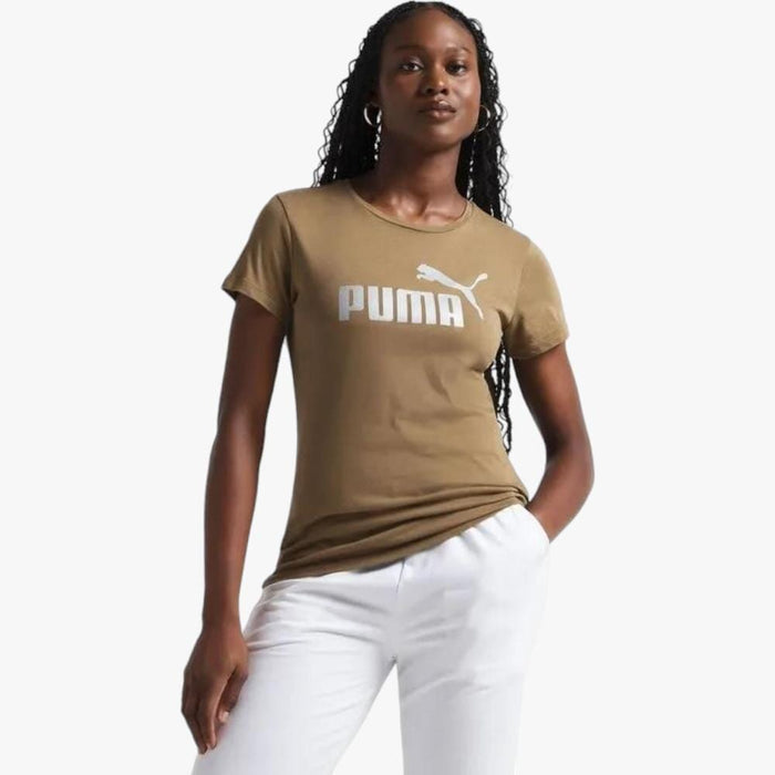 Puma Womens Ess+ Metallic Logo Short Sleeve Tee Choc Puma