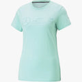 Mint green Puma Women's MAPF1 Ess Logo Short Sleeve Tee with Mercedes-AMG Petronas F1 Team branding, front view.