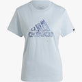Adidas Women's Myst Fill Short Sleeve Tee in light blue, featuring an abstract blue-patterned logo on the front. Front view.