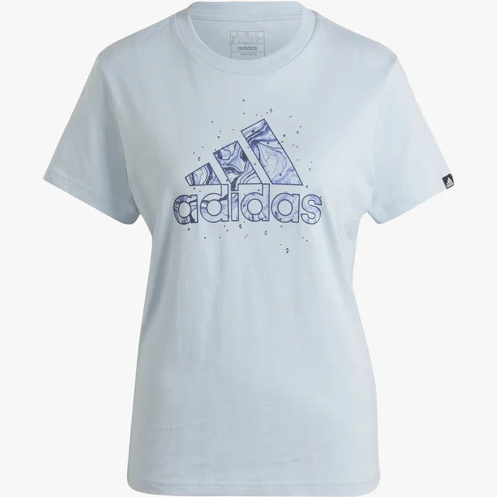 Adidas Women's Myst Fill Short Sleeve Tee in light blue, featuring an abstract blue-patterned logo on the front. Front view.