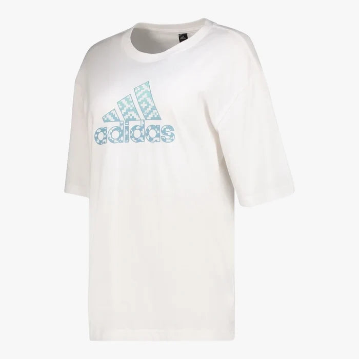 White adidas Women's Vc Post Short Sleeve Tee with a patterned blue and green logo on the chest.